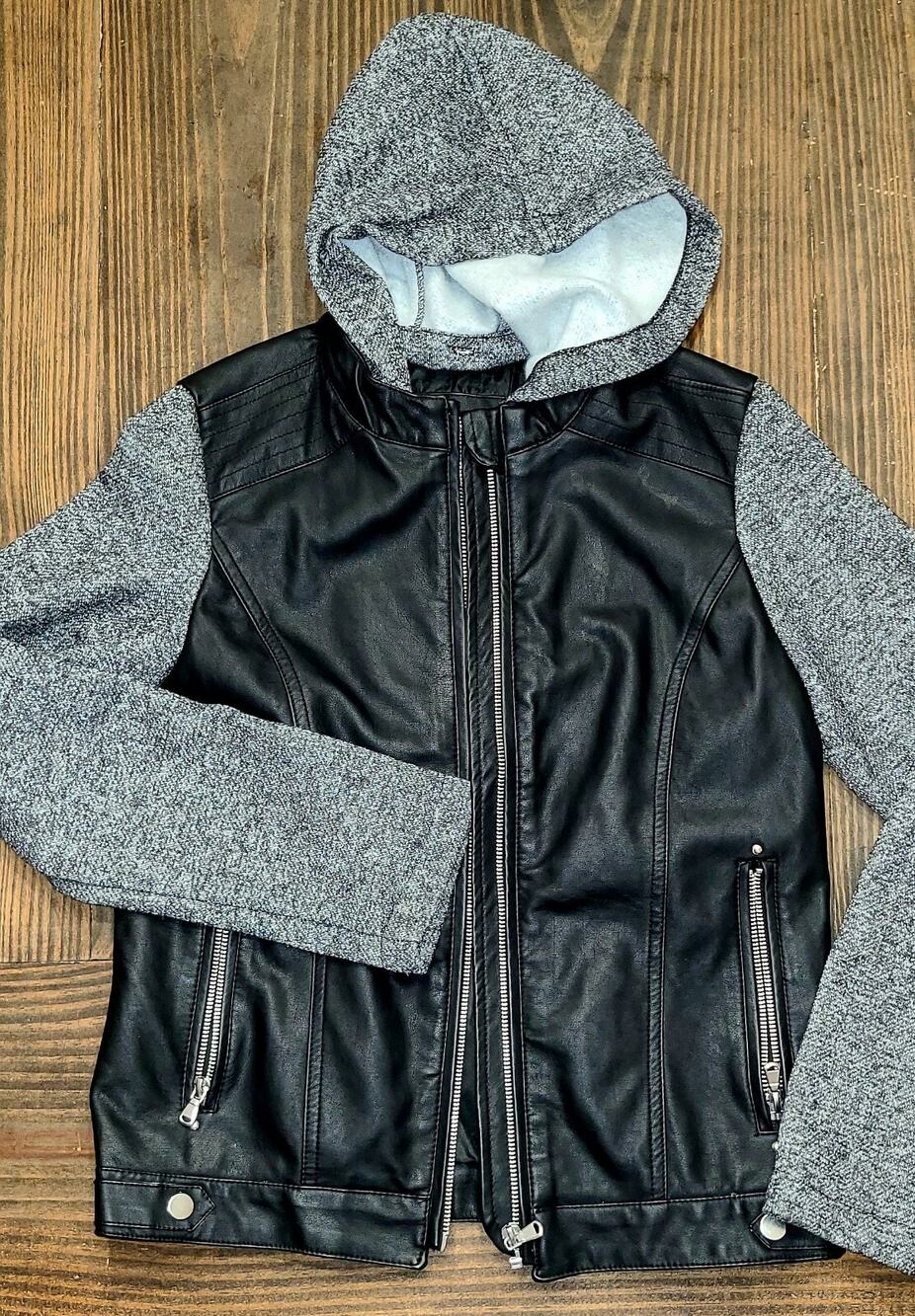 So brand - Girl's Long Sleeve Black Faux Leather Hooded Zip Up Jacket Size 14/16